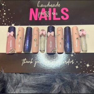 Handmade Press-On Nails with Bows and Rhinestones